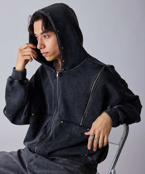 Diamond Rivet Detachable Sleeve Design Zip-Up Hoodie / ひし形