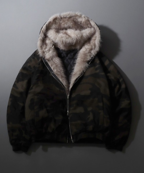セール】Fur Lined Zip Hoodie/ツイル ショート丈 ファー使い ダブル
