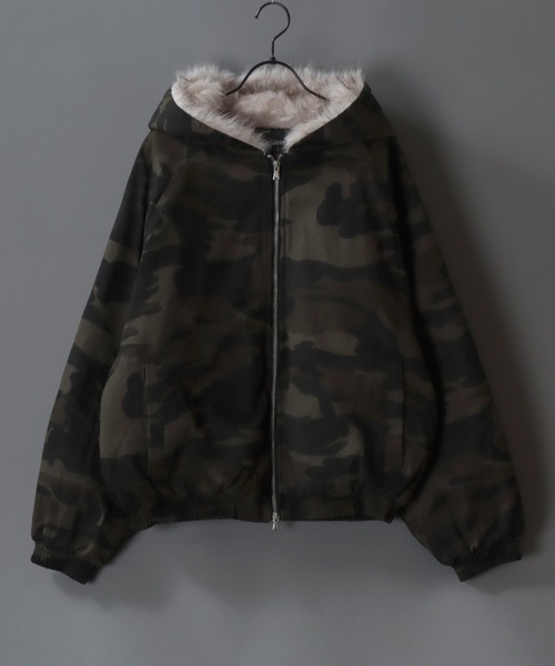 Fur Lined Zip Hoodie/ツイル ショート丈 ファー使い ダブルジップ