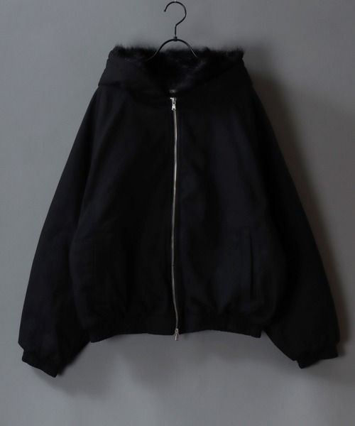 プリーツプリーズ　ジャンパー　ブルゾン　ダブルジップ　ブラック　黒　サイズ3 Fur Lined Zip Hoodie/ツイル ショート丈 ファー使い ダブルジップ