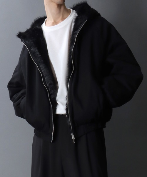 Fur Lined Zip Hoodie/ツイル ショート丈 ファー使い ダブルジップ