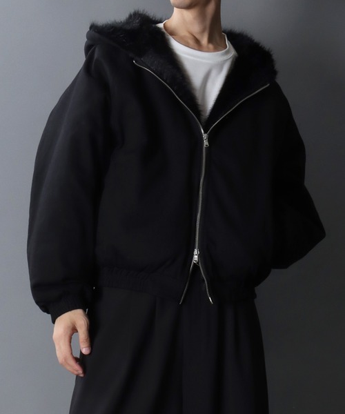 セール】Fur Lined Zip Hoodie/ツイル ショート丈 ファー使い ダブル