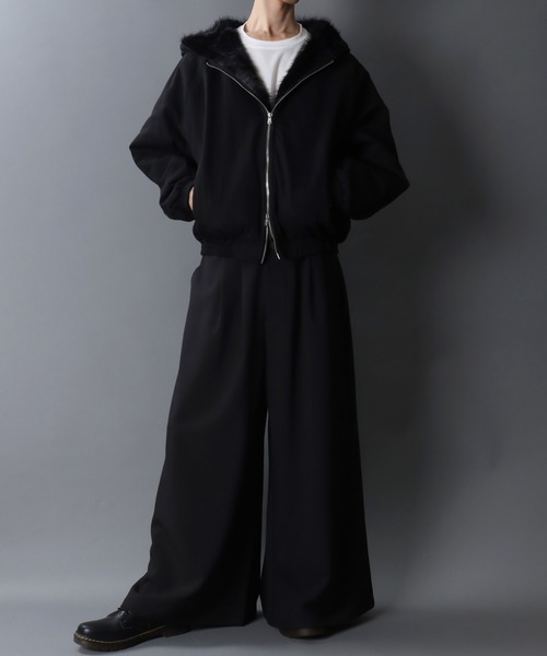 Fur Lined Zip Hoodie/ツイル ショート丈 ファー使い ダブルジップ