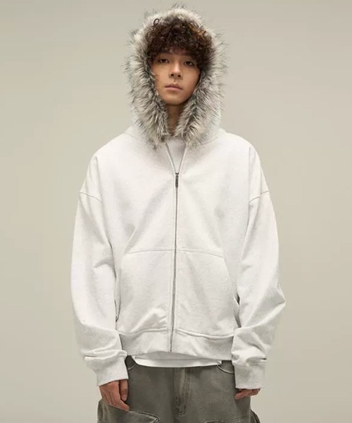 セール】【NOWLE】フェイクファー フード付き ジップアップ スウェット