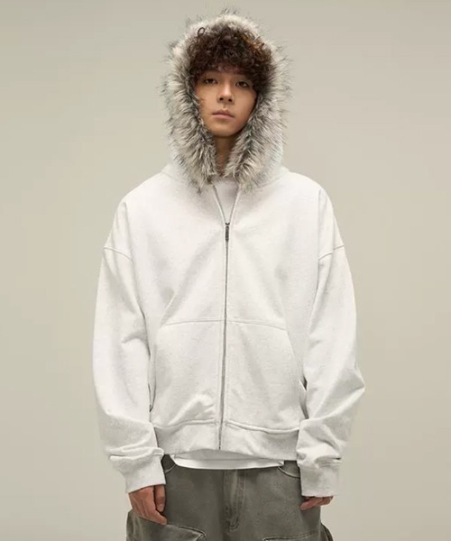 セール】【NOWLE】フェイクファー フード付き ジップアップ スウェット