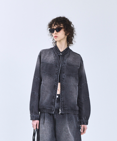 87-STAN115 [ナチュラル] ヴィンテージウォッシュバイカーパネルラインデニムジャケット ヴィンテージブラック