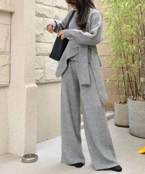 ニットトップス+ショール+ワイドパンツ3枚セット（セットアップ