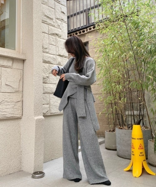 セール】ニットトップス+ショール+ワイドパンツ3枚セット