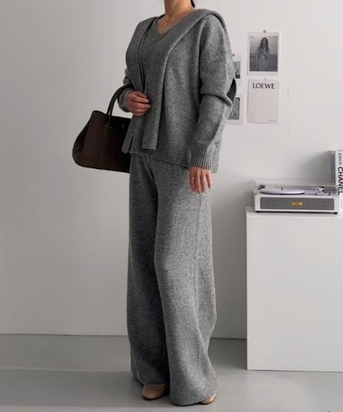FAVORITO(ファヴォリート)の「ニットトップス+ショール+ワイドパンツ3枚セット(セットアップ・レディース・ダークグレー/ライトグレー/ベージュ・F)」の14枚目の写真