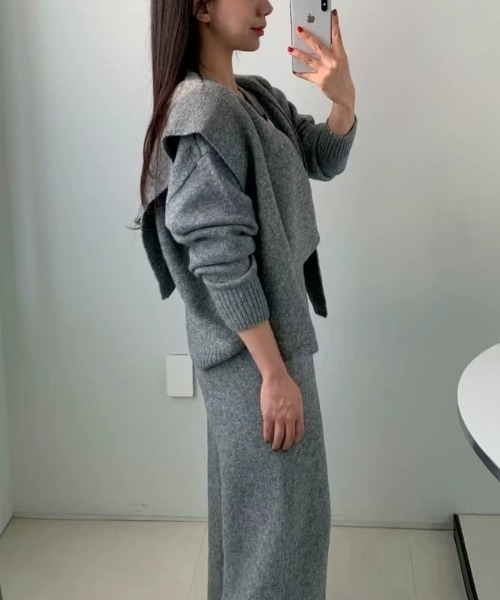 FAVORITO(ファヴォリート)の「ニットトップス+ショール+ワイドパンツ3枚セット(セットアップ・レディース・ダークグレー/ライトグレー/ベージュ・F)」の18枚目の写真