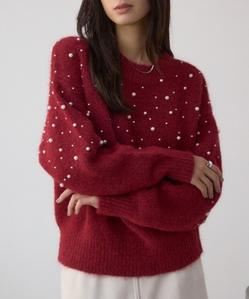 AZUL by moussy（アズールバイマウジー）の「パールビジューニットトップス（ニット/セーター・レディース・杢グレー/アイボリー/ボルドー・FREE）」の3枚目の写真