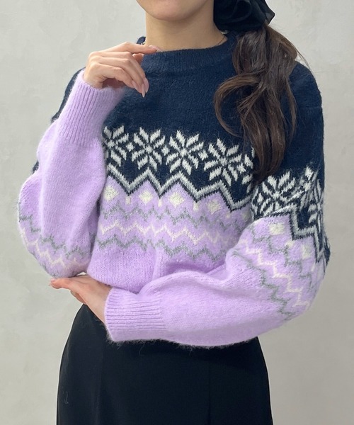 MISCH MASCH(ミッシュマッシュ)の「一部店舗限定 ノルディック柄配色ニットプルオーバー(ニット/セーター・レディース・レッド/パープル/ブルー・フリ-)」の1枚目の写真