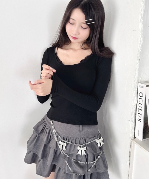 Loueme(ルエム)の「カップ付きレースレイヤードトップス(Tシャツ/カットソー・レディース・グレー/ブラック/ホワイト・FREE)」の4枚目の写真