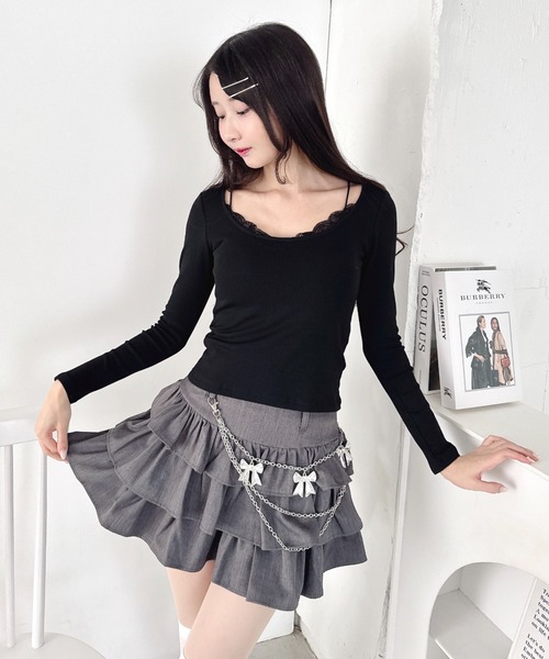 Loueme(ルエム)の「カップ付きレースレイヤードトップス(Tシャツ/カットソー・レディース・グレー/ブラック/ホワイト・FREE)」の6枚目の写真