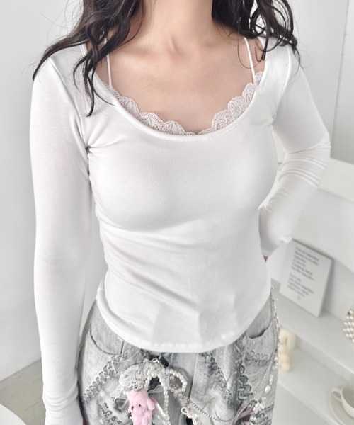 Loueme(ルエム)の「カップ付きレースレイヤードトップス(Tシャツ/カットソー・レディース・グレー/ブラック/ホワイト・FREE)」の13枚目の写真