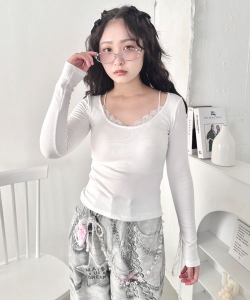 Loueme(ルエム)の「カップ付きレースレイヤードトップス(Tシャツ/カットソー・レディース・グレー/ブラック/ホワイト・FREE)」の11枚目の写真