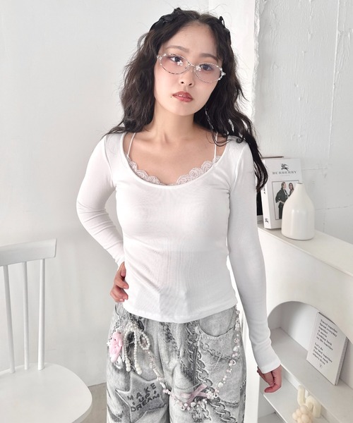 Loueme(ルエム)の「カップ付きレースレイヤードトップス(Tシャツ/カットソー・レディース・グレー/ブラック/ホワイト・FREE)」の10枚目の写真