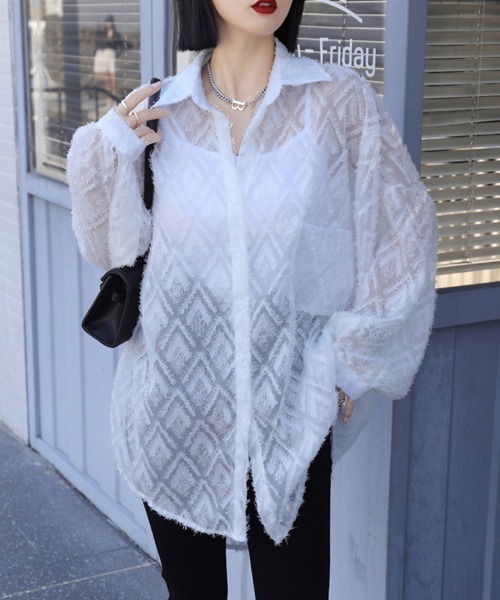ONEP STAR(ワンピスター)の「ビックシルエットダイヤ柄シアーシャツ(シャツ/ブラウス・レディース・ホワイト/ベージュ/ブラック・FREE)」の1枚目の写真