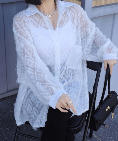 ONEP STAR(ワンピスター)の「ビックシルエットダイヤ柄シアーシャツ(シャツ/ブラウス・レディース・ホワイト/ベージュ/ブラック・FREE)」の5枚目の写真