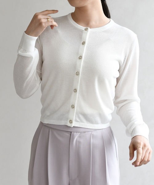 31 Sons de mode（トランテアン　ソン　ドゥ　モード）の「スパークラメクルーネックカーディガン（カーディガン/ボレロ・レディース・ネイビー/ピンク/オフホワイト・ﾌﾘ-）」の4枚目の写真