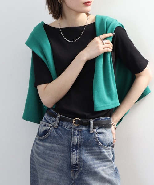 FUNALIVE(ファンアライブ)の「ボートネック 5分袖 コットンリブ Tシャツ(Tシャツ/カットソー・レディース・ベージュ/ブラック/オフホワイト・3L/LL/L/M)」の3枚目の写真
