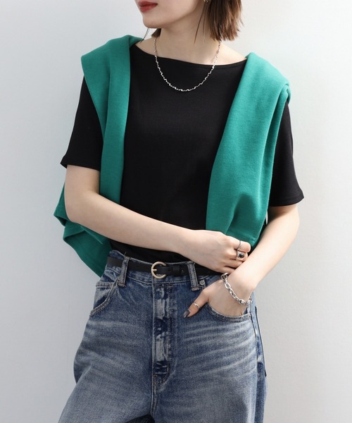 FUNALIVE(ファンアライブ)の「ボートネック 5分袖 コットンリブ Tシャツ(Tシャツ/カットソー・レディース・ベージュ/ブラック/オフホワイト・3L/LL/L/M)」の12枚目の写真