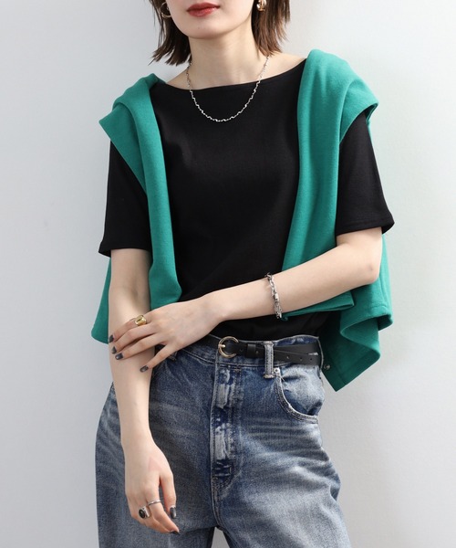 FUNALIVE(ファンアライブ)の「ボートネック 5分袖 コットンリブ Tシャツ(Tシャツ/カットソー・レディース・ベージュ/ブラック/オフホワイト・3L/LL/L/M)」の14枚目の写真