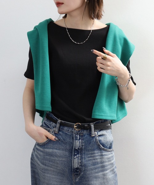 FUNALIVE(ファンアライブ)の「ボートネック 5分袖 コットンリブ Tシャツ(Tシャツ/カットソー・レディース・ベージュ/ブラック/オフホワイト・3L/LL/L/M)」の15枚目の写真