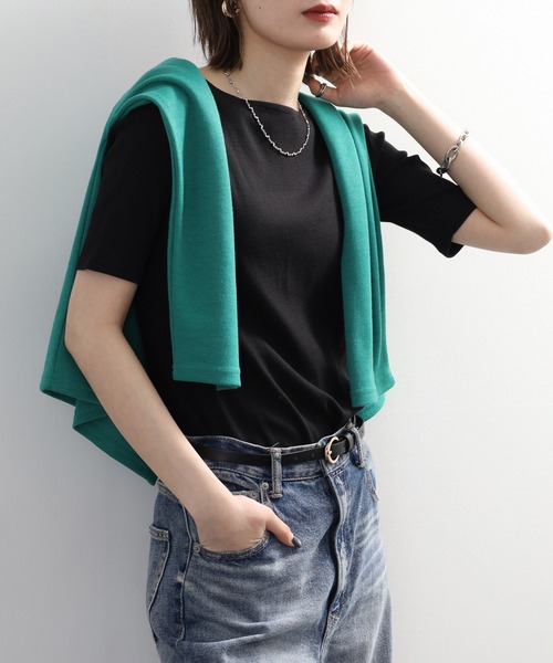 FUNALIVE(ファンアライブ)の「ボートネック 5分袖 コットンリブ Tシャツ(Tシャツ/カットソー・レディース・ベージュ/ブラック/オフホワイト・3L/LL/L/M)」の16枚目の写真
