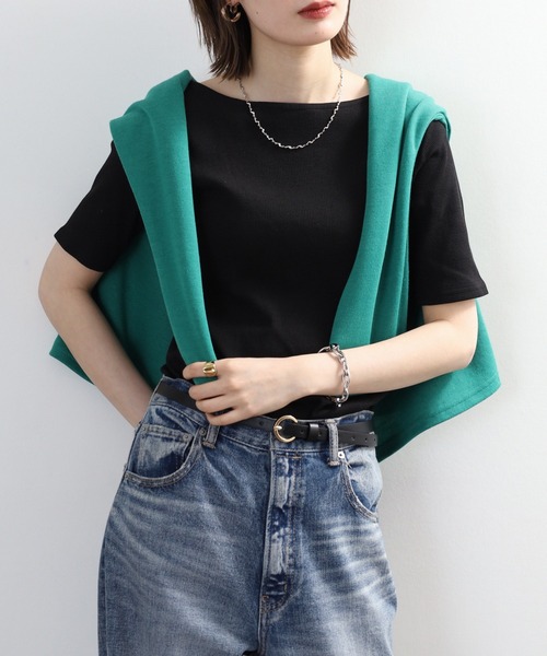 FUNALIVE(ファンアライブ)の「ボートネック 5分袖 コットンリブ Tシャツ(Tシャツ/カットソー・レディース・ベージュ/ブラック/オフホワイト・3L/LL/L/M)」の17枚目の写真