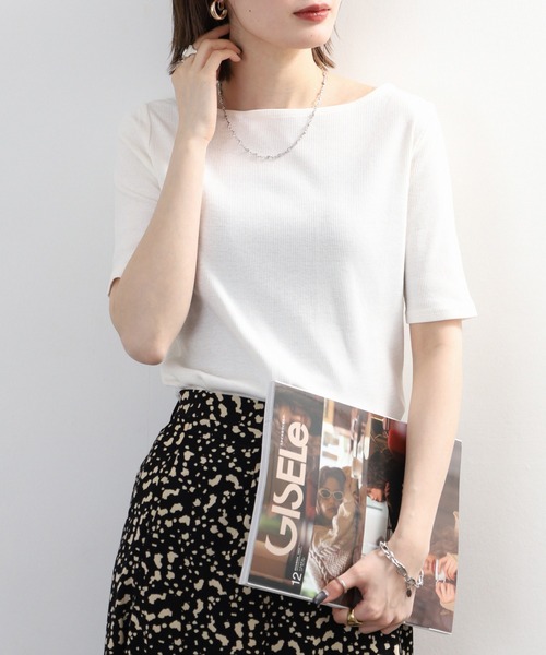 FUNALIVE(ファンアライブ)の「ボートネック 5分袖 コットンリブ Tシャツ(Tシャツ/カットソー・レディース・ベージュ/ブラック/オフホワイト・3L/LL/L/M)」の5枚目の写真