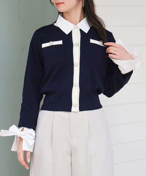 ASTORIA ODIER（アストリアオディール）の「スポンディッシュリングパールカーディガン（カーディガン/ボレロ・レディース・ネイビー/グリーン/ライトグレー/ネイビー×ホワイト・MEDIUM/LARGE）」の4枚目の写真