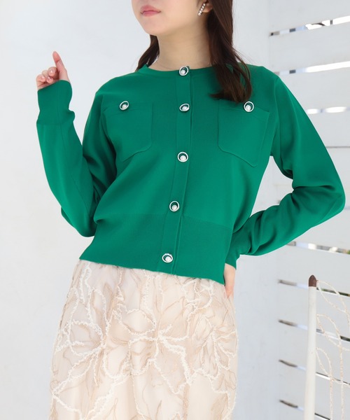 ASTORIA ODIER（アストリアオディール）の「スポンディッシュリングパールカーディガン（カーディガン/ボレロ・レディース・ネイビー/グリーン/ライトグレー/ネイビー×ホワイト・MEDIUM/LARGE）」の6枚目の写真