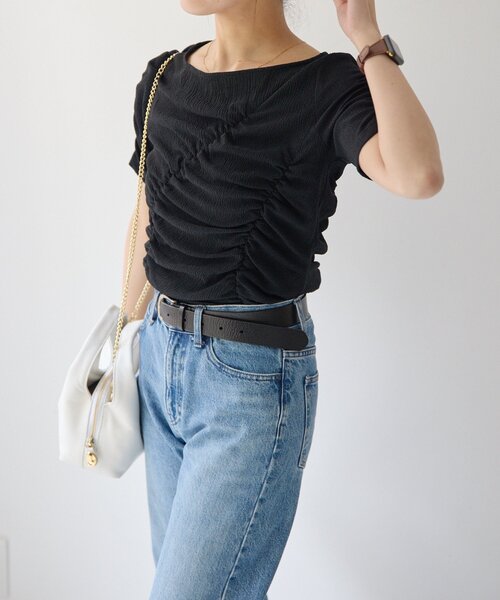 gemeil（ジェムイル）の「シャーリングトップス(IF-330)（Tシャツ/カットソー・レディース・グリーン/ブラック/ベージュ・FREE）」の5枚目の写真