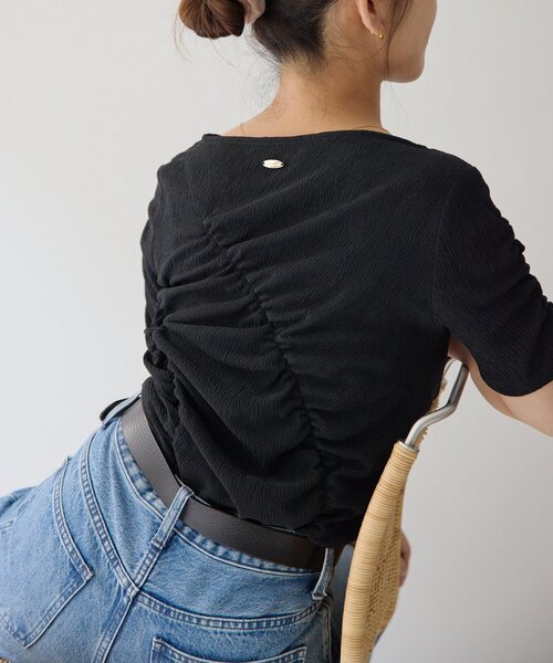 gemeil（ジェムイル）の「シャーリングトップス(IF-330)（Tシャツ/カットソー・レディース・グリーン/ブラック/ベージュ・FREE）」の7枚目の写真