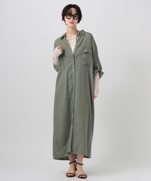 BAYFLOW（ベイフロー）の「[さらりとした肌触り]テンセル(TM)シャツワンピース（ワンピース・レディース・ネイビー/キャメル/ピンク/カーキ・MEDIUM/SMALL）」の2枚目の写真