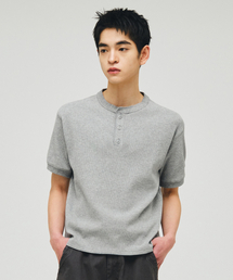 ワッフルヘンリーネッククロップ半袖Tシャツ_メランジグレー