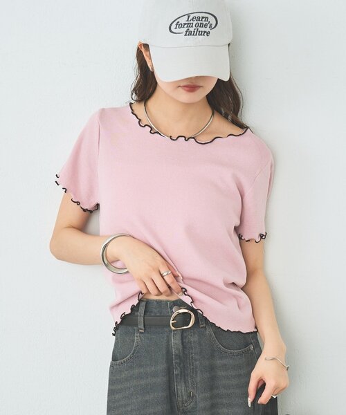 mystic(ミスティック)の「配色メロウニットT(Tシャツ/カットソー・レディース・ピンク/ネイビー/アイボリー/グレー・FREE)」の1枚目の写真