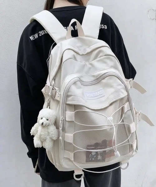 yuue' ( wear )(ユーイ)の「大容量ドローコードナイロンリュックサック/通勤通学/バックパック/ユニセックス(バックパック/リュック・レディース・アイボリー/ブラック・FREE)」の1枚目の写真