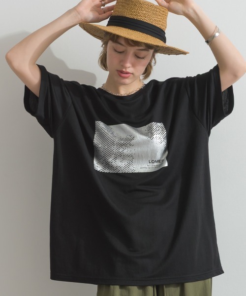 Fizz(フィズ)の「冷感鹿の子 ボックス箔プリントTシャツ(Tシャツ/カットソー・レディース・ブラック/ホワイト・M)」の3枚目の写真