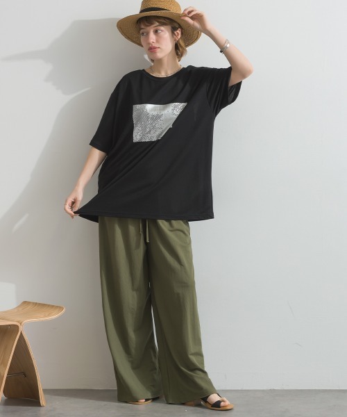 Fizz(フィズ)の「冷感鹿の子 ボックス箔プリントTシャツ(Tシャツ/カットソー・レディース・ブラック/ホワイト・M)」の8枚目の写真