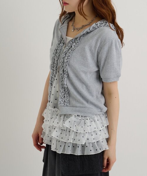 w closet(ダブルクローゼット)の「【3色展開】フリル半袖パーカー(パーカー・レディース・ブルー/グレー/ネイビー・FREE)」の6枚目の写真