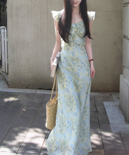 AMAJI(アマジ)の「花柄フリルAラインロング丈ワンピース(ワンピース・レディース・グリーン・SMALL/MEDIUM/LARGE/X-LARGE)」の2枚目の写真