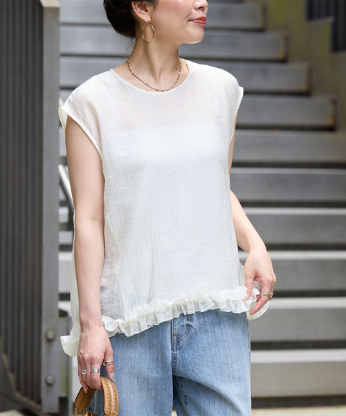 B.C STOCK(ベーセーストック)の「【WEB限定】手洗い可 / ラウンドフリルスリーブレスブラウス(シャツ/ブラウス・レディース・ホワイト/ピンク/ブラック・FREE)」の1枚目の写真