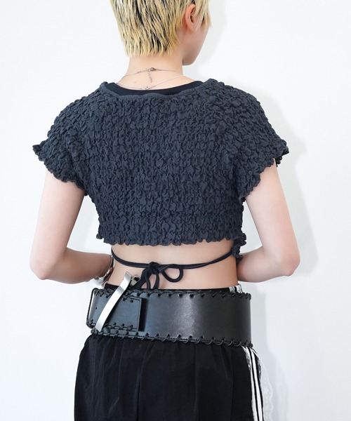 chuclla(チュクラ)の「シャーリングショートトップス chw26s299(Tシャツ/カットソー・レディース・ネイビー/アイボリー・FREE)」の5枚目の写真