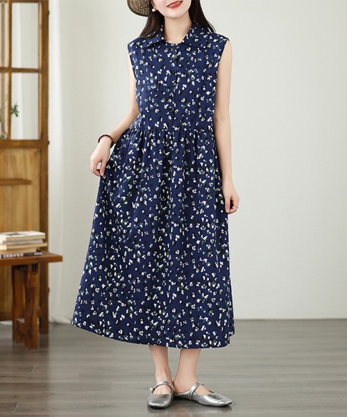 ONEP STAR（ワンピスター）の「小花柄ノースリーブシャツワンピース（シャツワンピース・レディース・ネイビー・MEDIUM/LARGE/X-LARGE）」の2枚目の写真
