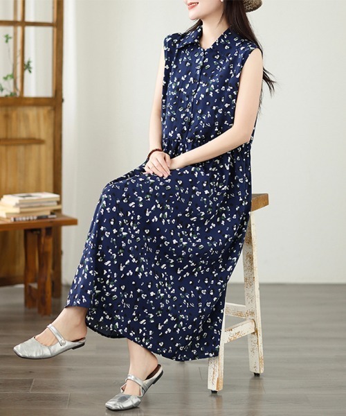 ONEP STAR（ワンピスター）の「小花柄ノースリーブシャツワンピース（シャツワンピース・レディース・ネイビー・MEDIUM/LARGE/X-LARGE）」の3枚目の写真