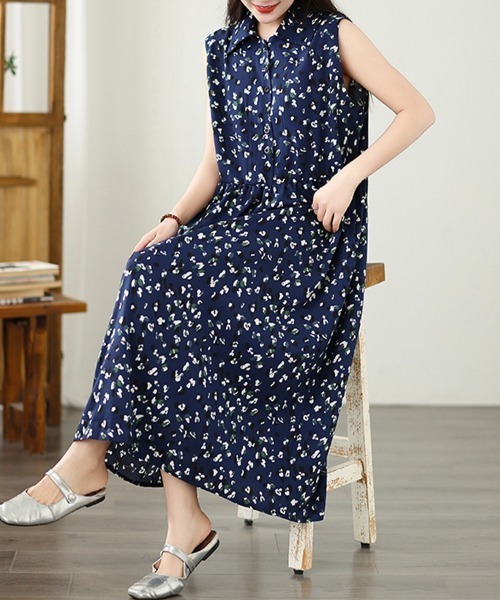ONEP STAR（ワンピスター）の「小花柄ノースリーブシャツワンピース（シャツワンピース・レディース・ネイビー・MEDIUM/LARGE/X-LARGE）」の4枚目の写真