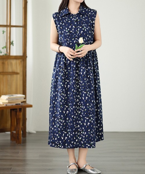 ONEP STAR（ワンピスター）の「小花柄ノースリーブシャツワンピース（シャツワンピース・レディース・ネイビー・MEDIUM/LARGE/X-LARGE）」の5枚目の写真