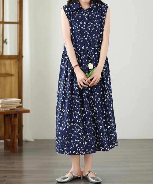 ONEP STAR（ワンピスター）の「小花柄ノースリーブシャツワンピース（シャツワンピース・レディース・ネイビー・MEDIUM/LARGE/X-LARGE）」の6枚目の写真